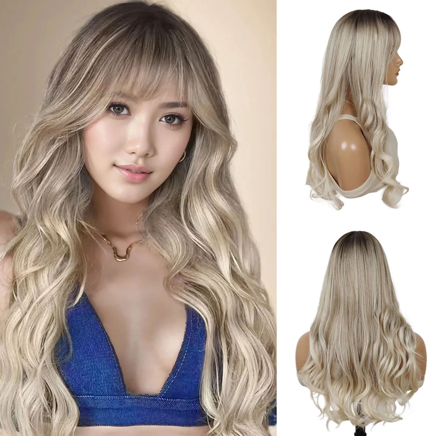

Synthetic Blonde Wig with Bangs 24 Inch Long Curly Wavy Wigs for Women Ombre Blond Wig with Brown Root Daily Costume Holiday Use