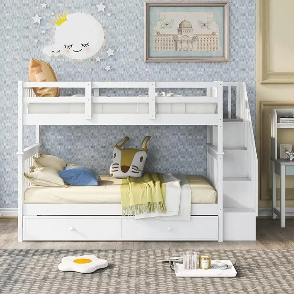 Twin Over Twin Wood Bunk Bed with Drawers and Staircase,Convertible Bunk, Twin Over Full Bunk Bed with Storage Cabinet