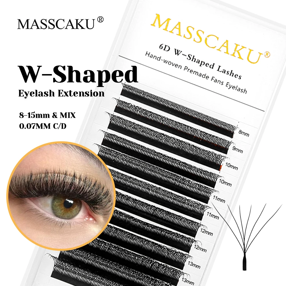 

Wholesale MASSCAKU 0.07mm Thickness Soft Premium Velvet Fiber W Style Eyelash Lightweight W Shaped Premade Volume Fans Eyelashes