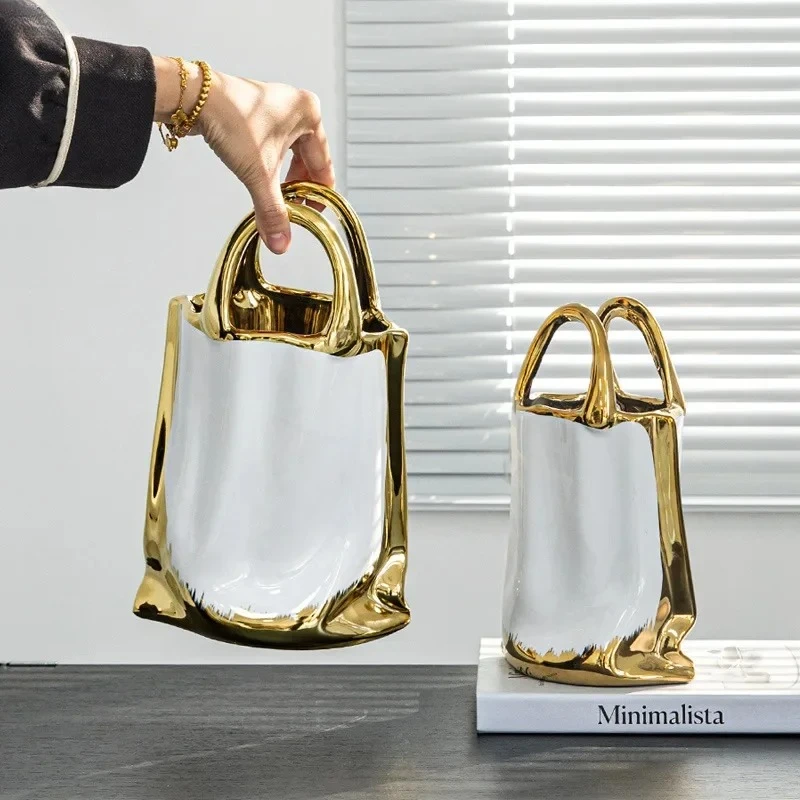Creative Handbag Shape Vase Gold-plated Ceramic Plant Pot Table Decoration Flower Arrangement Flowers Vases Room Aesthetic Decor