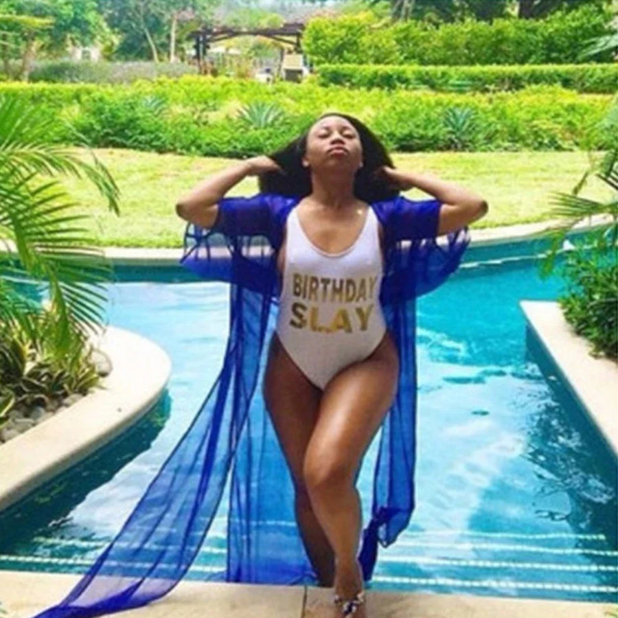 One Piece Swimsuit Birthday Slay Golden Letter print Swimwear Women High Cut Bathing Suit Plus Size Monokini Sexy Beachwear