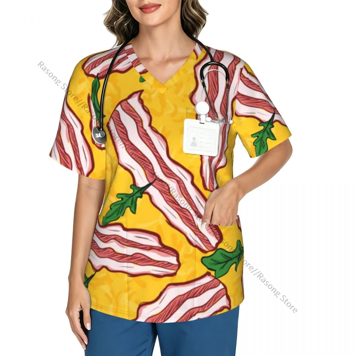 Pizza With Cheese And Bacon Scrubs Medical Uniforms Women V Neck Short Sleeve Tunic Scrubs Tops Nursing Surgical Uniforms