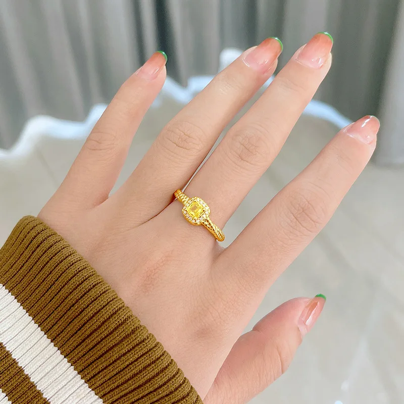 PSJ Fashion Unique Design Jewelry 18K Gold Plated Square Yellow Crystal Adjustable S925 Sterling Silver Rings for Women Girls