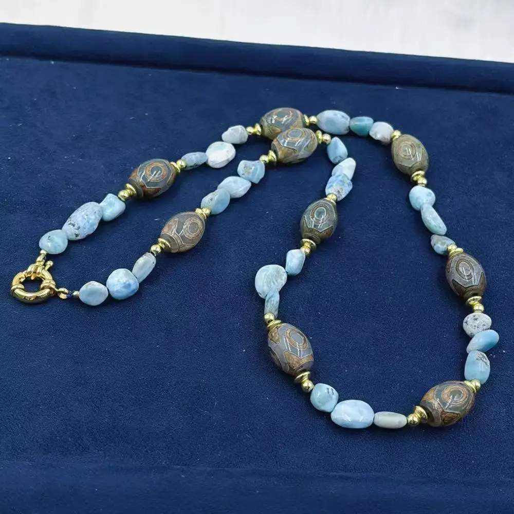 Vintage Jewelry  Natural Gemstone Agate Blue Larimar Bohemia Woman Chokers Necklace