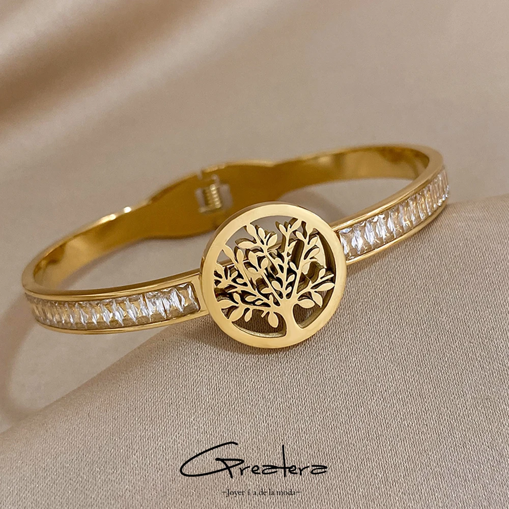 Greatera Edelstahl-Armreifen mit Baum des Lebens, vergoldet, Zirkonia, Charm-Armband, wasserdichter Schmuck