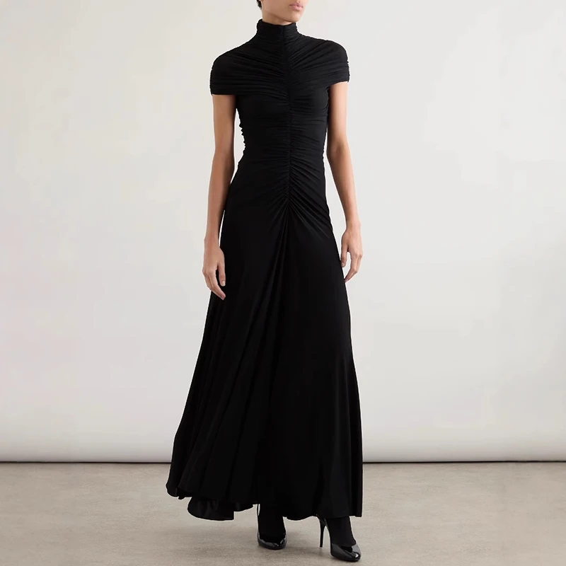 فستان نسائي أنيق برقبة دائرية وثنيات للنساء فساتين طويلة أنيقة على شكل حرف a للربيع والصيف وأكمام قصيرة للتنقل