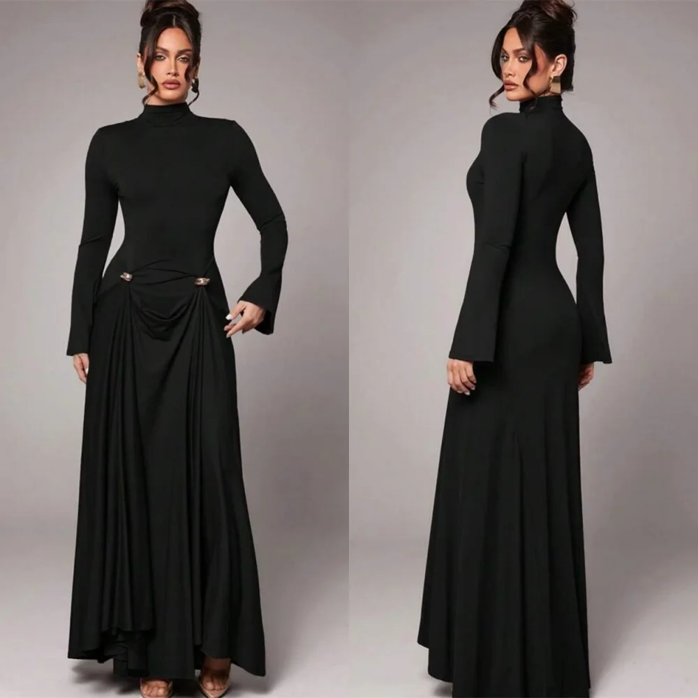 

Customized Modern Black Jersey Evening Dress Temperament High Neckline Long Sleeves Mermaid Sweep Train Bespoke Occasion Gowns