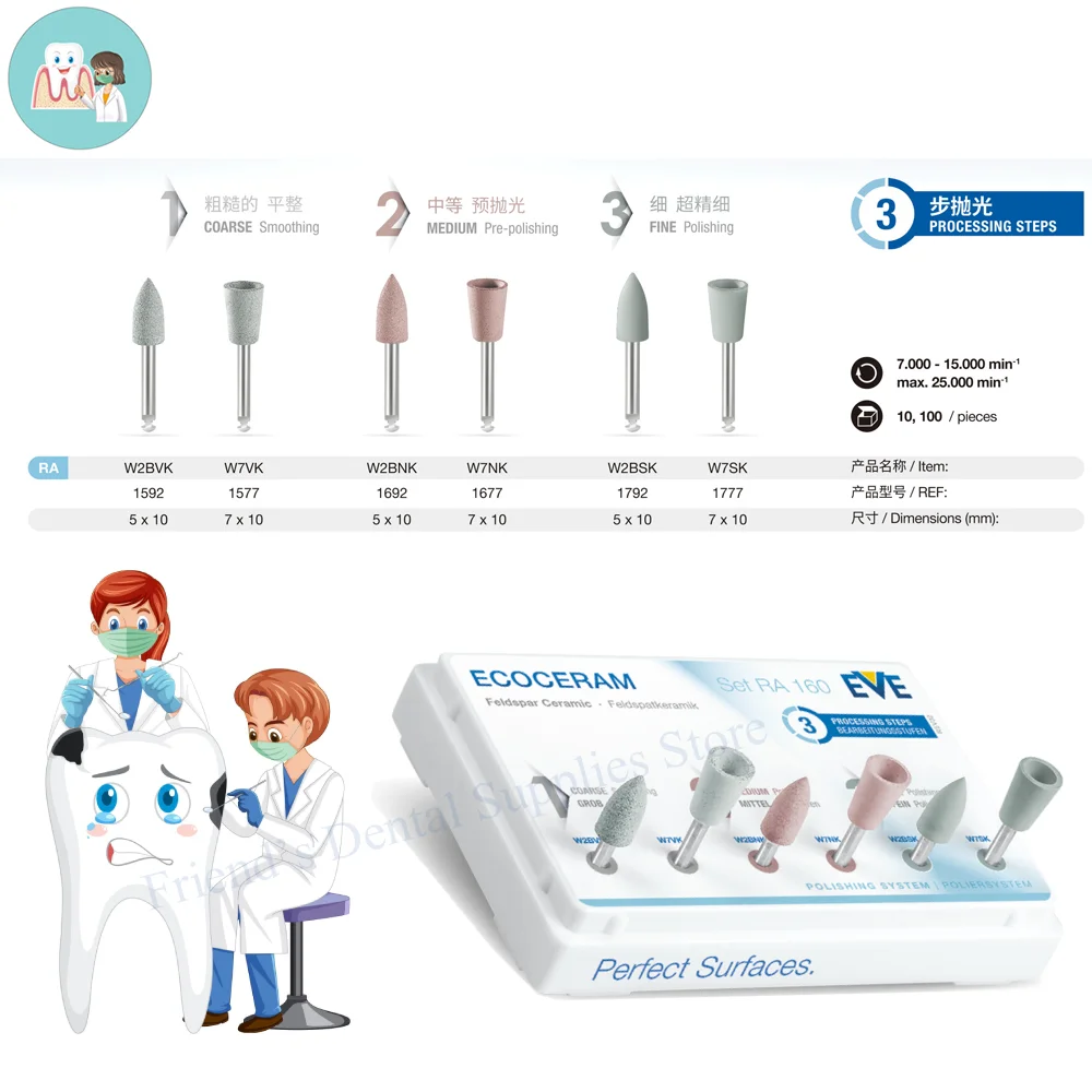 

‌6-Piece Fluorescent Polishing Head Set RA160 for Feldspar Ceramics | EVE Ecoceram Dental Polishing System (REF 9076)