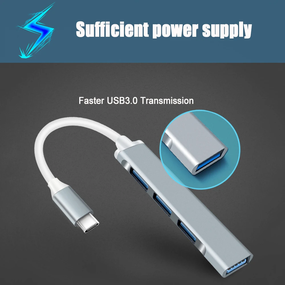 

Мини-USB-концентратор типа C, 4-портовый адаптер USB 3.0, мульти-сплиттер, док-станция 4 в 1, ультратонкая сверхскоростная алюминиевая док-станция для портативных ПК