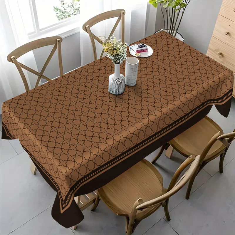 The tablecloth with a brown background and geometric patterns, integrates the traditional Chinese design style.