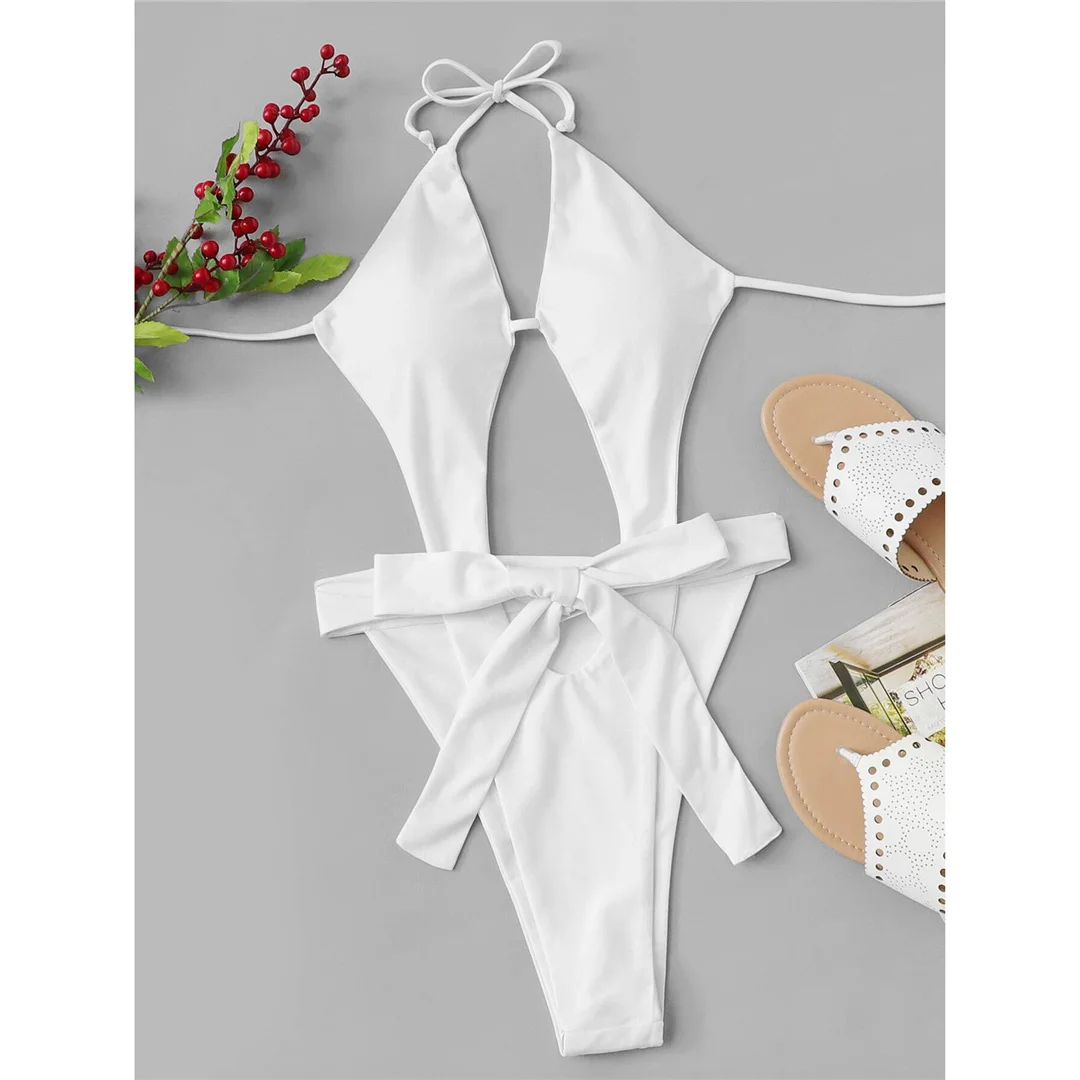 Sexy Cut-Out Neckholder Trikini mit hohem Beinausschnitt, einteiliger Badeanzug, Damen-Bademode, weiblicher Monokini, gepolsterter Badeanzug, Badebekleidung, Schwimmanzug V7968 – Detail 5