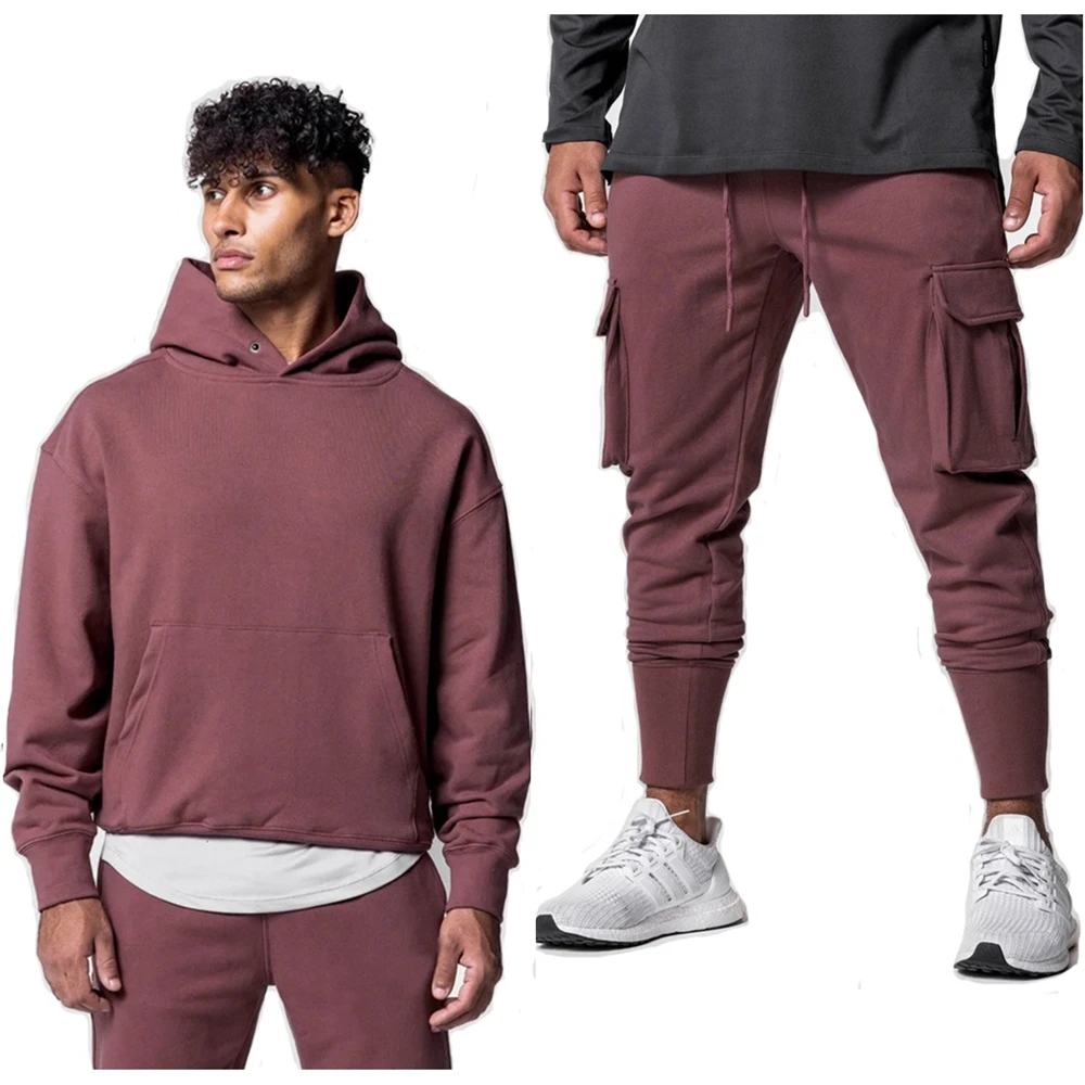 Mens Training Sets Heavy Cotton Gym Kits Cargo Sweatpants Hoodie Sports Pullover Hooded Jogging Suits Running Tracksuits