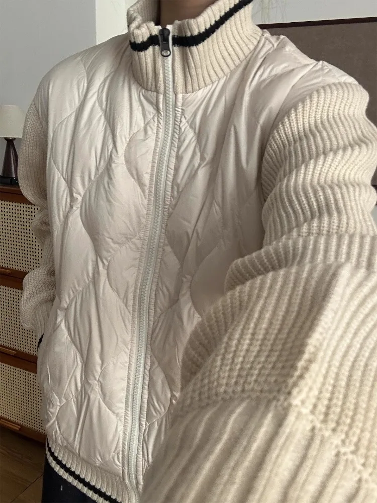 

Khaki Lightweight Contrast Color Knitted down Cotton Jaet Men Women Autumn Winter Splicing Design Warm Stand Collar Cotton ...