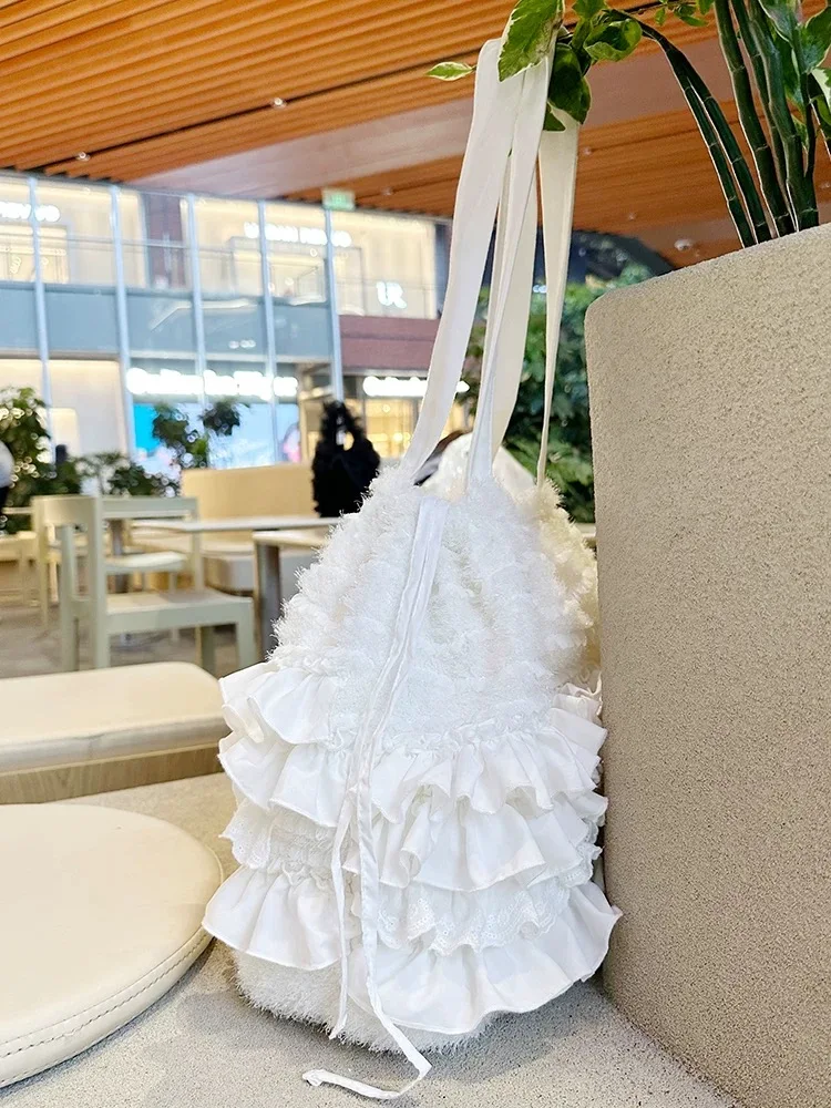 Sweet Multi-layer Pleated Lace Side Tote Bag Handmade White Special Fabric Shoulder Bag Girls Large Capacity Drawstring Handbag