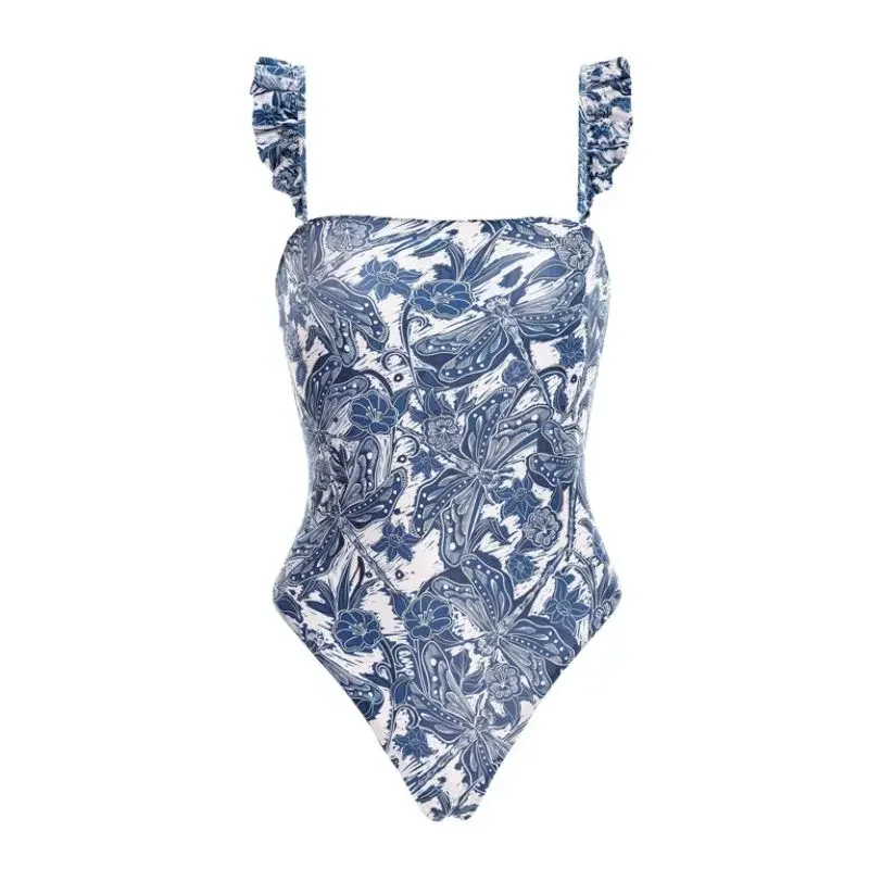 Blue Dragonfly Print Ruffle Strap Swimsuit Women Beachwear Luxury Bathing Suit