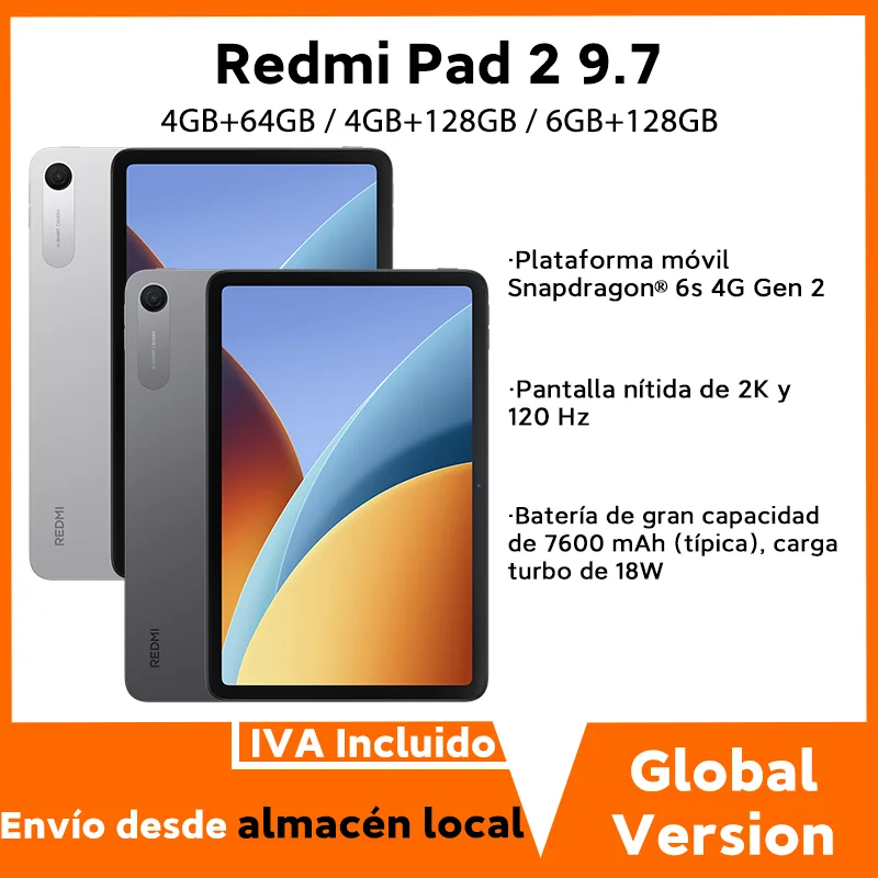 Versión Global Xiaomi Redmi Pad 2 9.7 Snapdragon 6s 4G Plataforma Móvil Gen 2 Pantalla 2K 120Hz Batería Masiva de 7600mAh Tablet Xiaomi