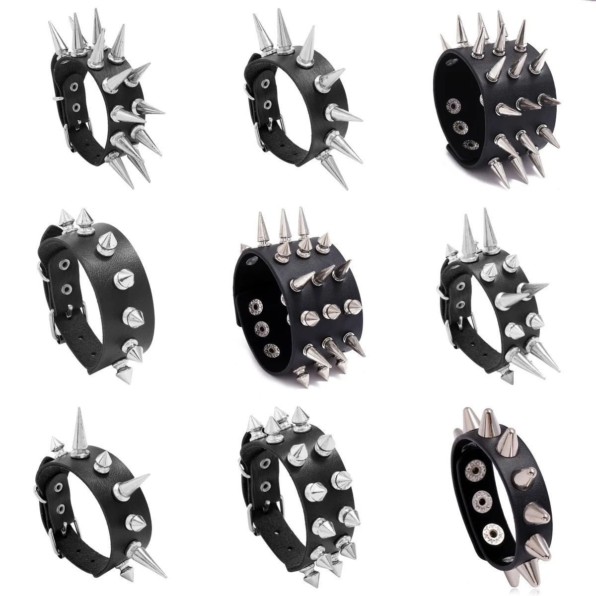 Hip Hop Men Silver Color Spiked Rock Bracelet Bangles Women Vintage Punk Cosplay Black Goth PU Leather Wrap Bracelet Emo Jewelry