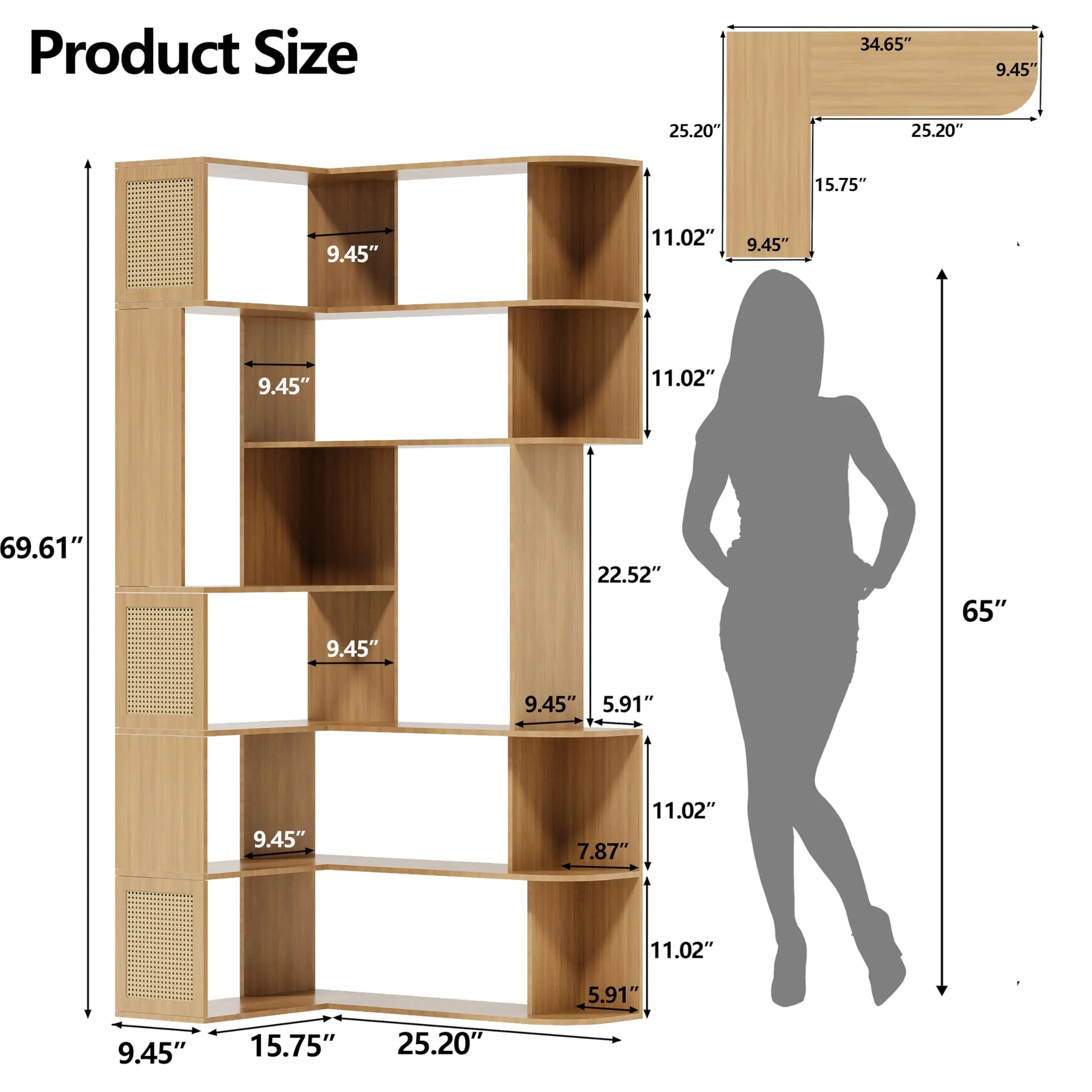 Corner Shelf,7-Tier Corner Bookshelf,Farmhouse L Shaped Shelves Etagere Bookcase, Large L Shaped Bookshelf with Vine