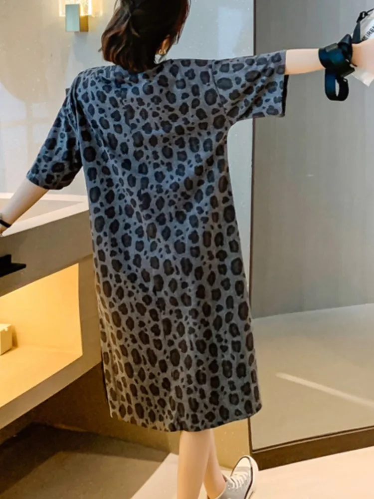حجم كبير الصيف سبليت ليوبارد فستان المرأة الجديدة كوريا فستان امرأة فضفاضة Vestidos رداء Elbise قصيرة الأكمام طويلة فساتين السيدات #5