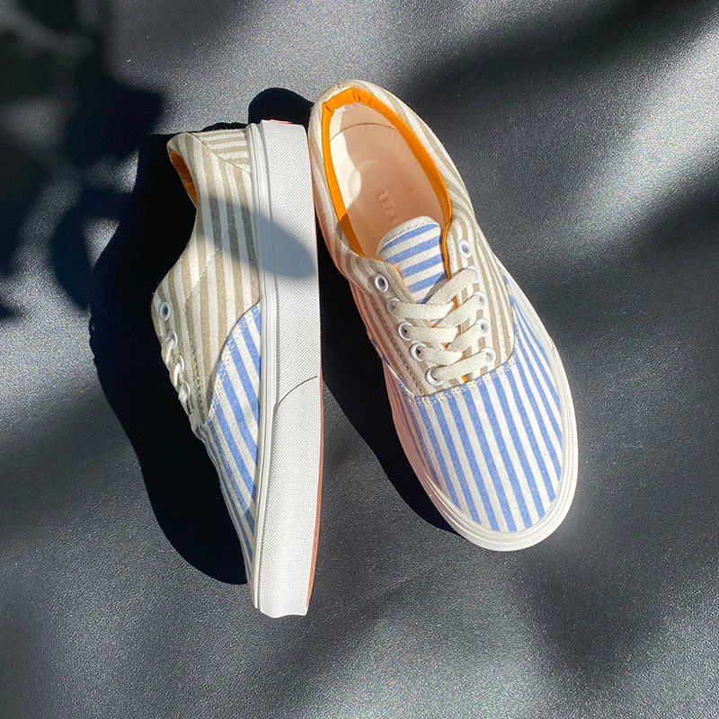 Summer Breathable Versatile Blue and White Striped Shoes for Men, Thick-Soled Couple Fashion Sneakers, Low-Top Casual Shoes, Canvas Shoes for Both Men and Women