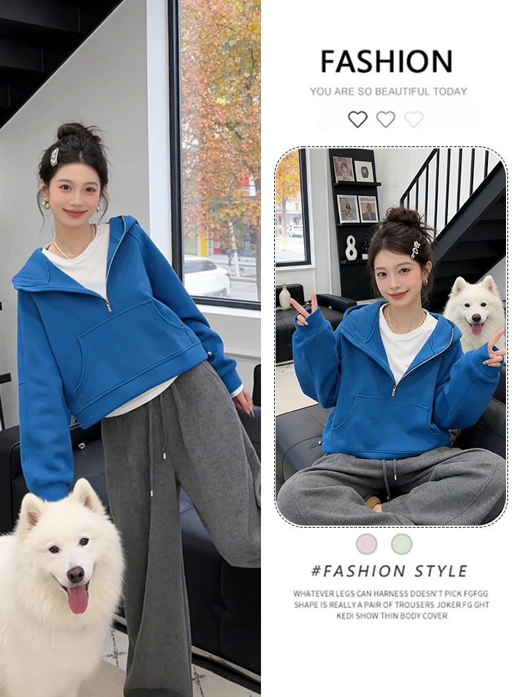 

Spring Autumn 2026 New f Zipper Blue Hoodie Women Lazy ort Super Beautiful Youthful Faion Top Comfortable Loose Fit Lo...