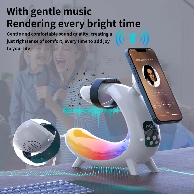 Multifunctional Magnetic Wireless Charger Alarm Clock Speaker RGB Night Light Charging Station for Iphone 11 12 13 14 15 Samsung