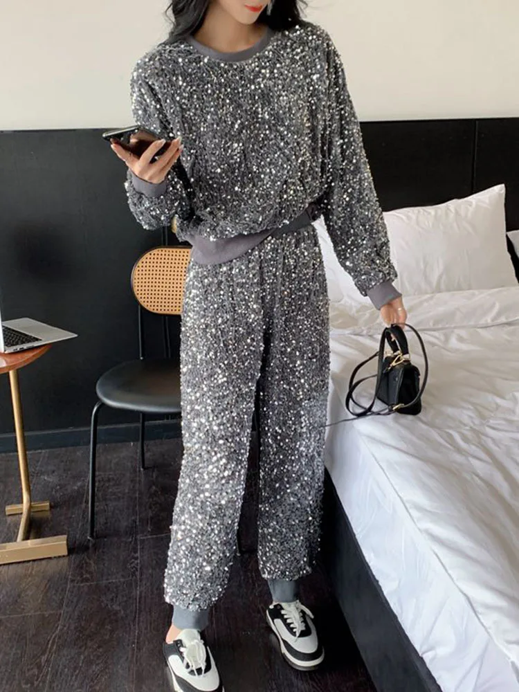 Bling Sequins Round Neck Sweatshirt Harem Pants Two-Piece Set Autumn Winter New Hoodies High Waist Harem Pants Outfits