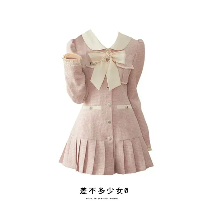 

Fat Mm Sweet Pure Desire Atmosphere Pink Dress Women's Spring Large Size Small Fragrant Bow Blossom Dress