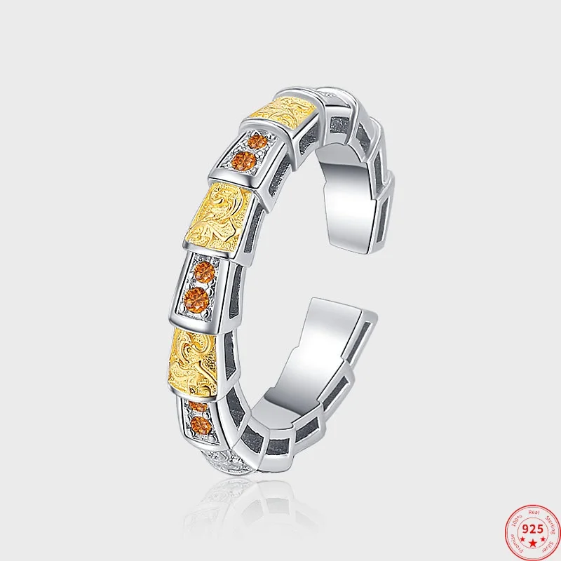 S925 Sterling Silver Rings for Women New Fashion Contrast Colored Eternal Rattan Snake Bone Inlaid Zircon Jewelry