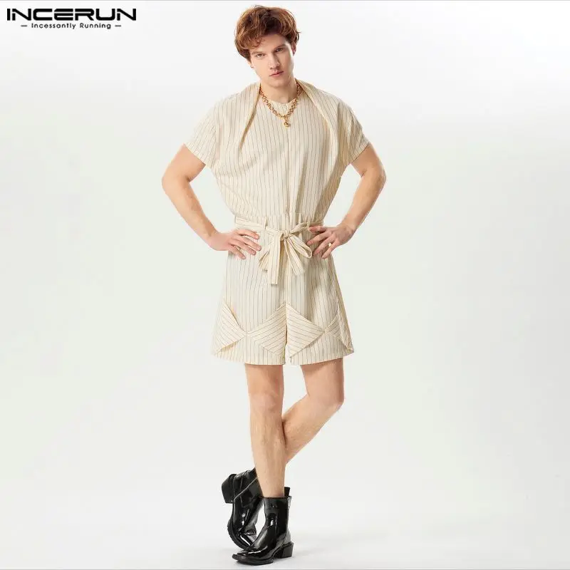 

INCERUN 2024 American Style New Mens Jumpsuits Fashion Stripe Design Shorts Short Sleeved Casual Streetwear Rompers Shorts S-5XL