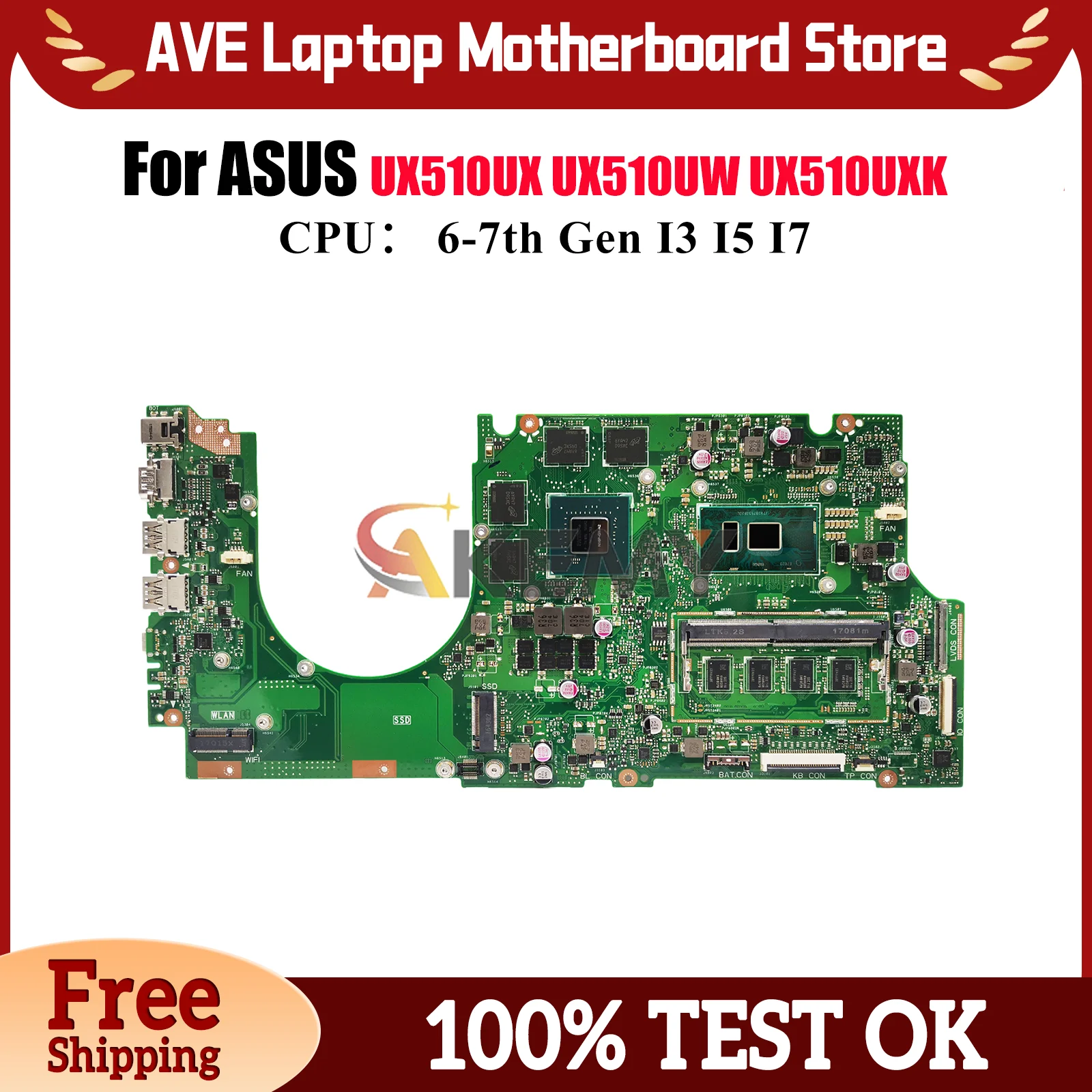 

UX510UX Laptop Motherboard For ASUS ZenBook V510U U5000U UX510UXK UX510UX UX510U UX510UWK UX510UW Mainboard With I3 I5 I7 CPU