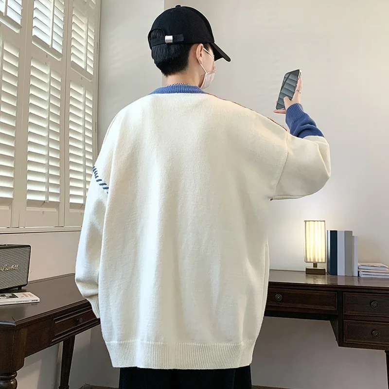 

Осень/зима, свободный свитер с круглым вырезом, гонконгский стиль, полосатый цветной блок, теплый трикотаж, модный брендовый повседневный базовый слой, шерстяной Jac