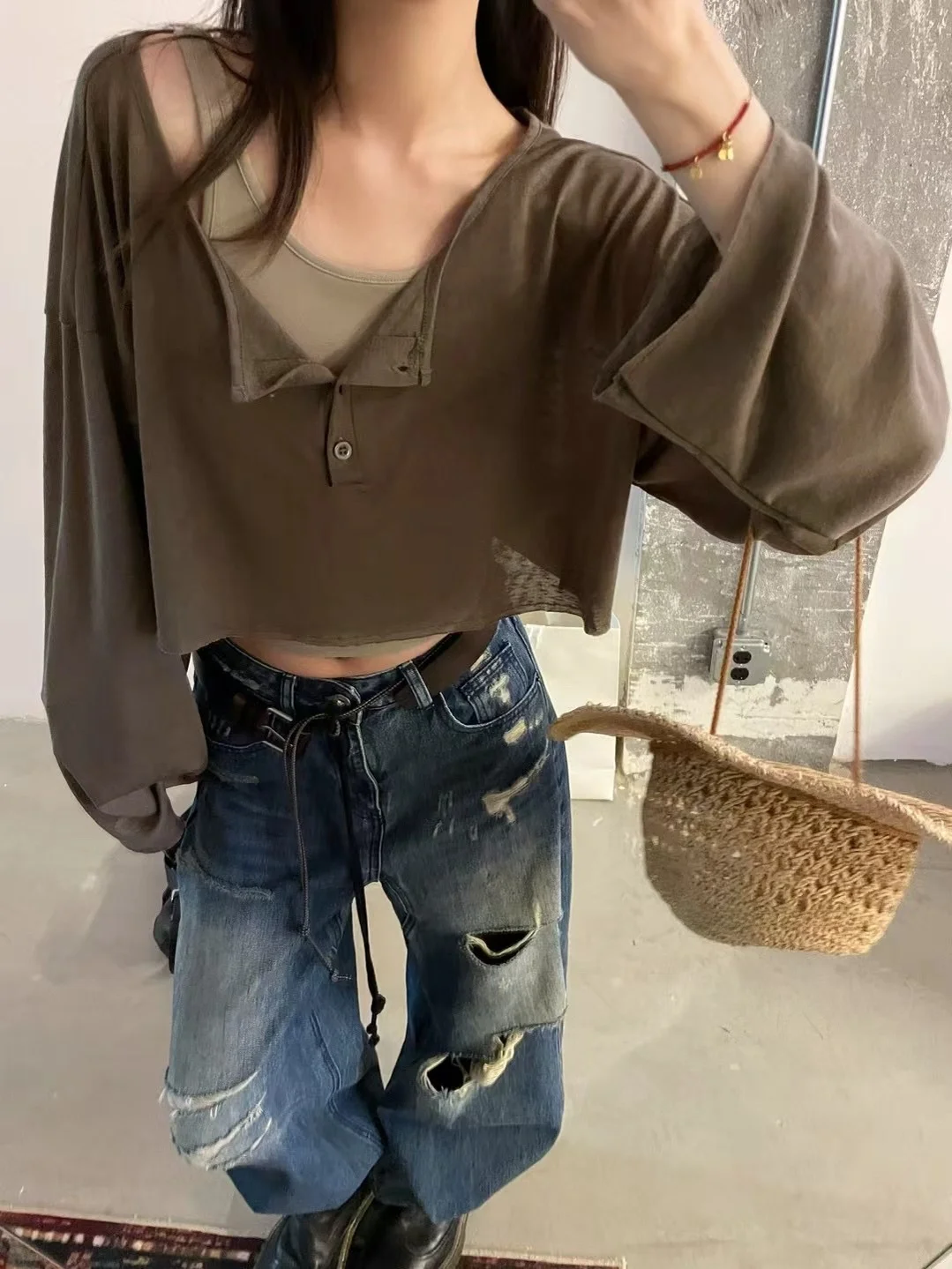 

CHICYAN New Loose Long Sve Coffee Color Sunscreen T-irt Soft Two-Piece Set Top f Open Collar Regular Length Commute S...