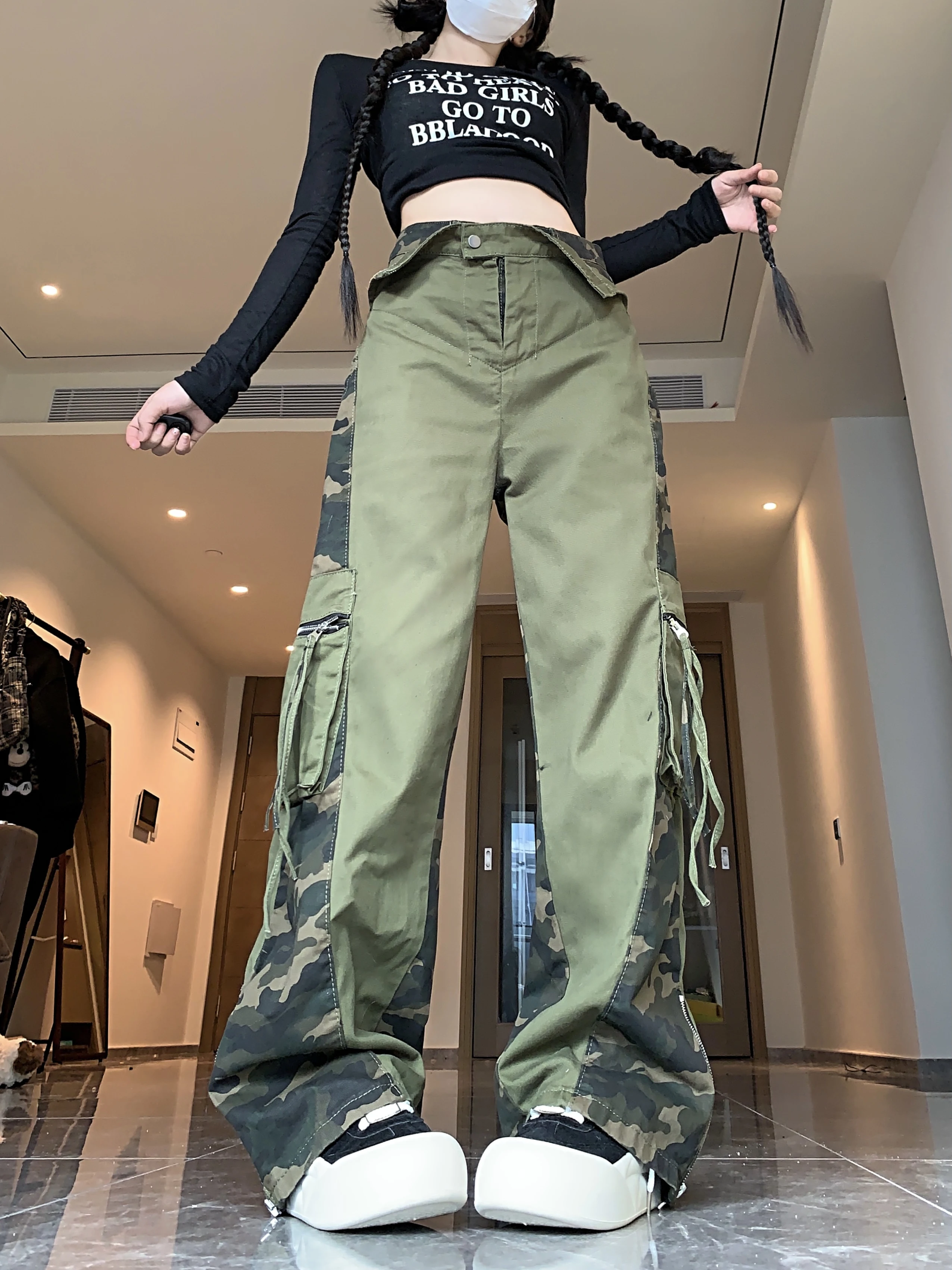 

Overalls Fake Two-Piece Stitching Niche Design Camouflage Pants Street Drape Straight Pants