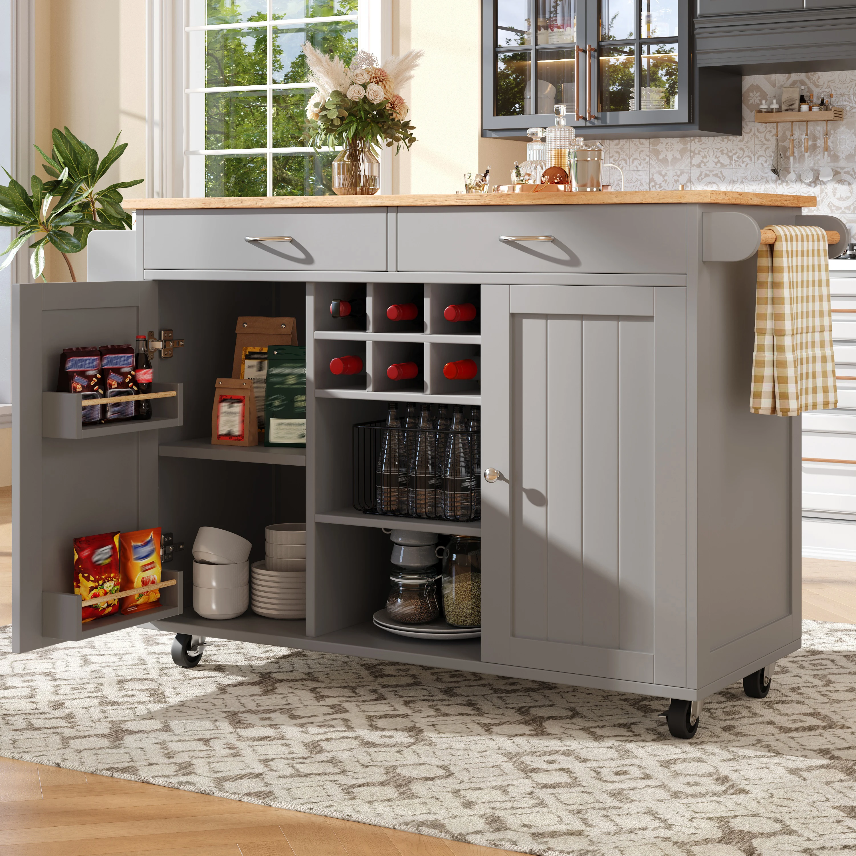 Carrito de servicio, espacio de almacenamiento modular y ruedas fijas, robusto para cocina/comedor, MDF y metal gris