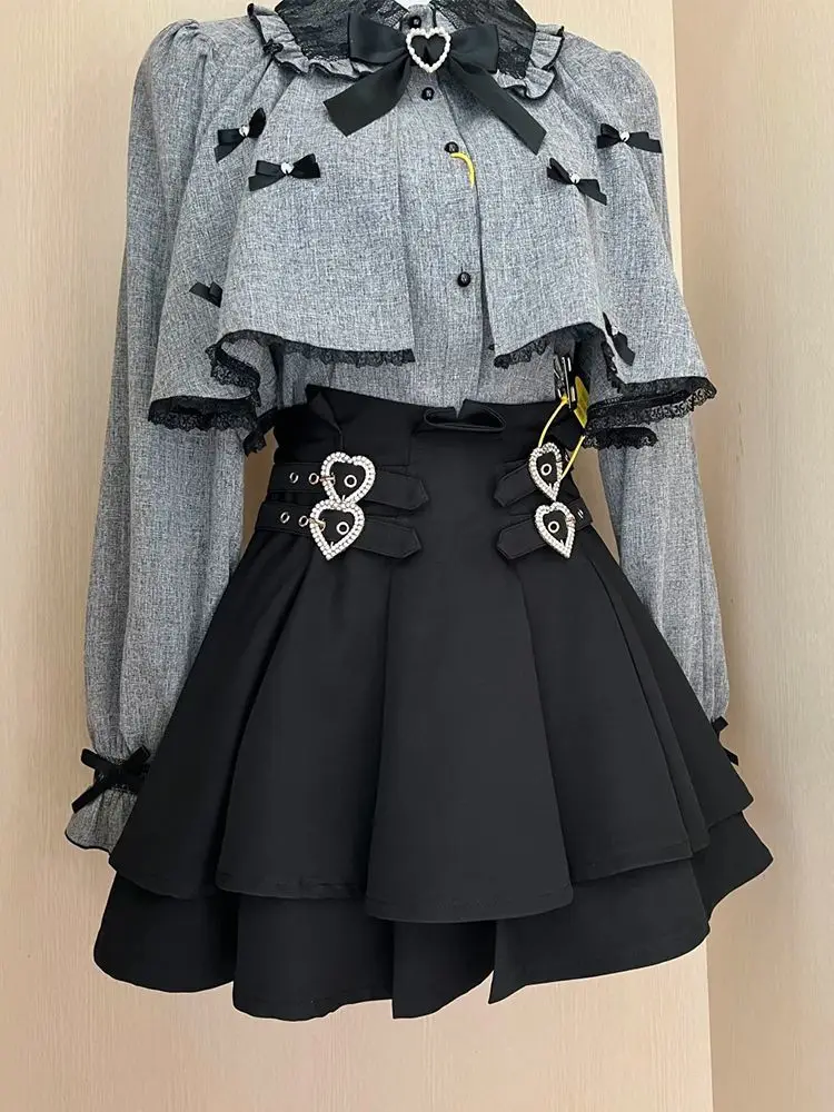 Nieuwe Japanse Stijl Leuke 2-delige Sets Vrouwen Zoete Korte Cape Sjaal Patchwork Shirt + Rok Pak Vrouwen Y2k Elegant Design Kleding