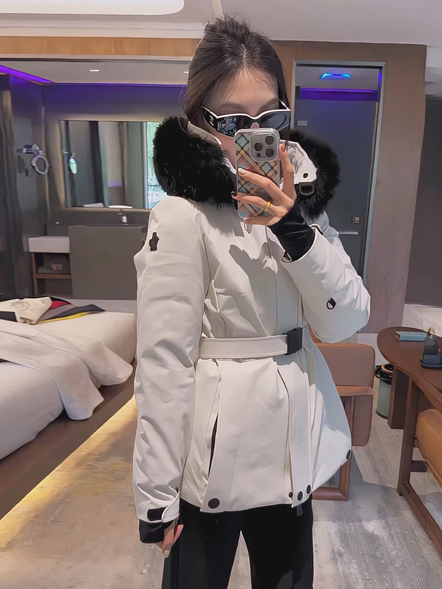 فريد سوبر Sli المرأة أسفل Jaet الشتاء الثلوج التزلج معطف دافئ الخصر مقصوص كبير الفراء طوق فو الفراء معطف مقنع