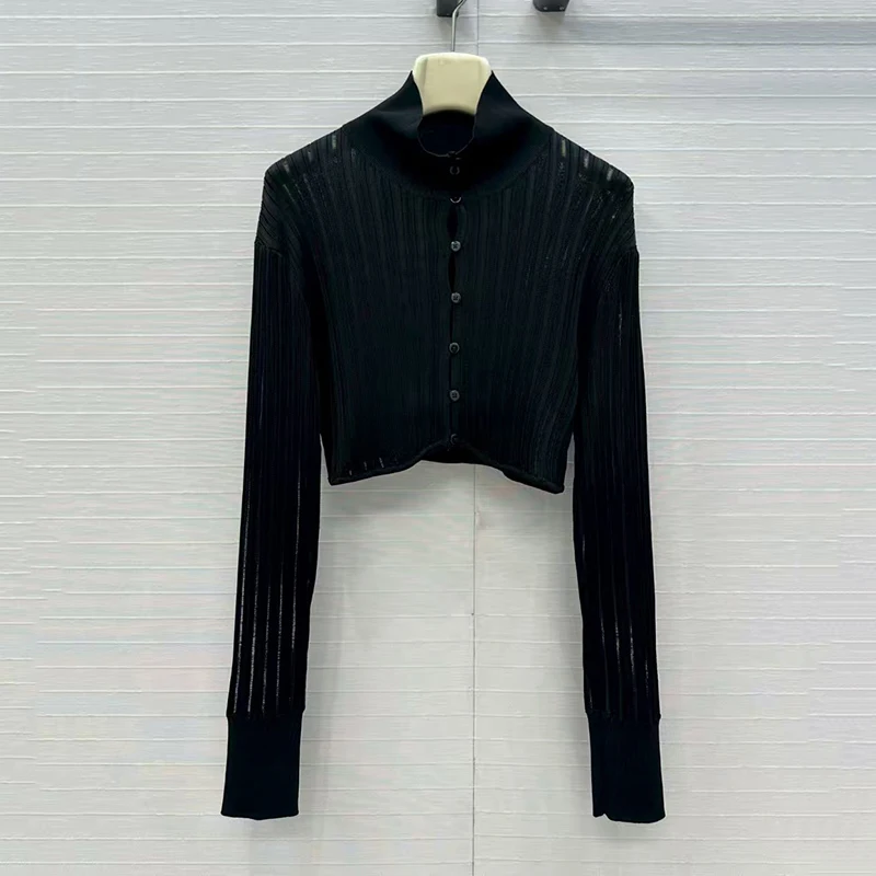 

Women's stand-up collar knitted cardigan, single-breasted openwork slim-fit short top, high-quality skirt suit, 2025, new style