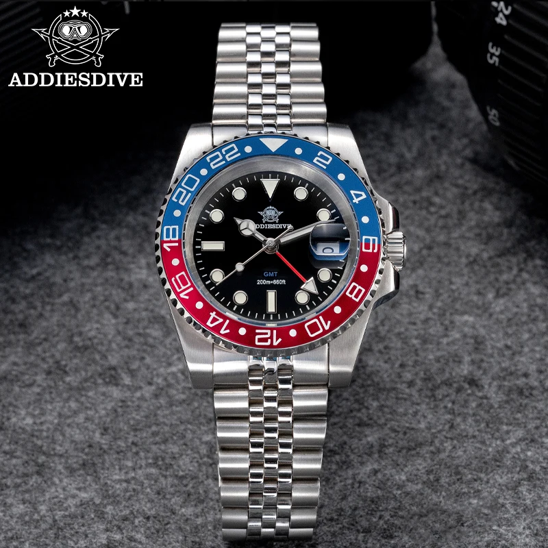 

ADDIESDIVE Men's Watches Luxury GMT Quartz Wristwatch For Men 40mm AR Coating 200m Diving Waterproof 316L Stainless Steel Watch