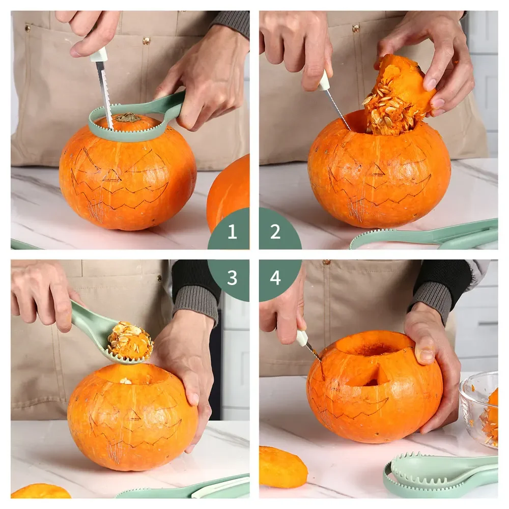 Separador de melão e frutas Halloween Pumpkin Separator Core-Cutter Polpa de escultura, Faca de frutas, Gadgets de cozinha domésticos 3 em 1