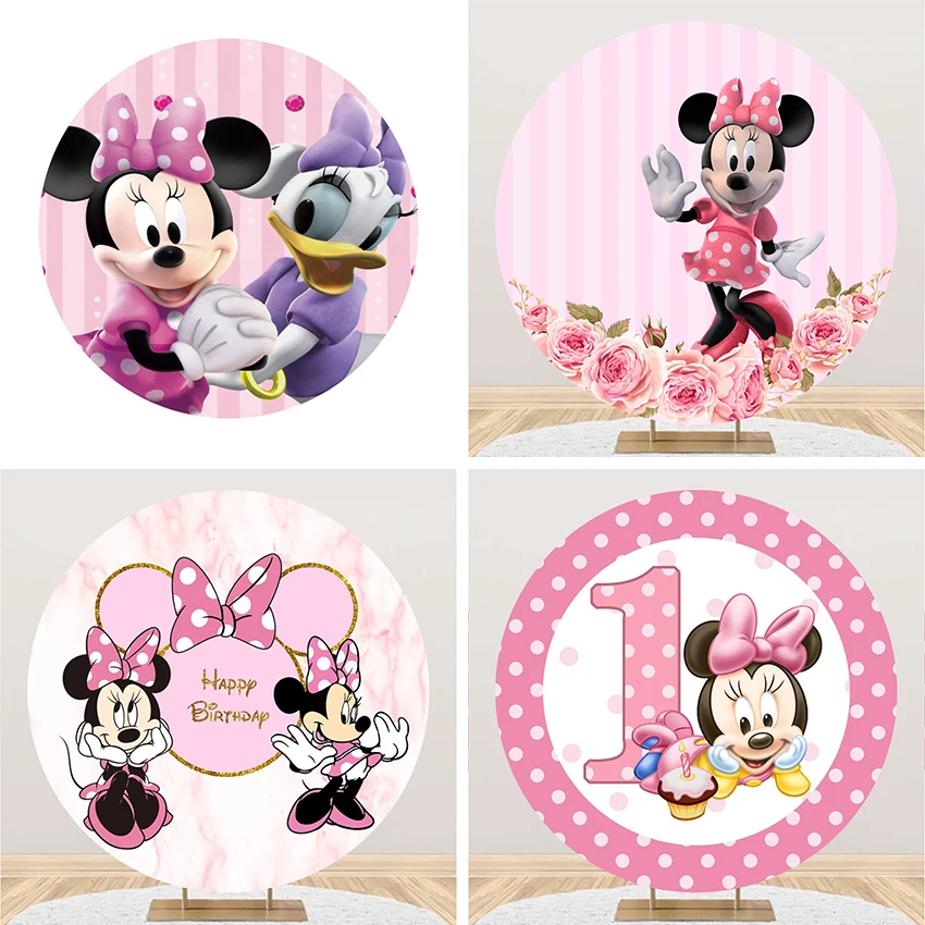 Round Circle Photography Backgrounds Minnie Mouse Pink Flowers Girls Birthday Party Baby Shower Backdrop Photo Studio Customized