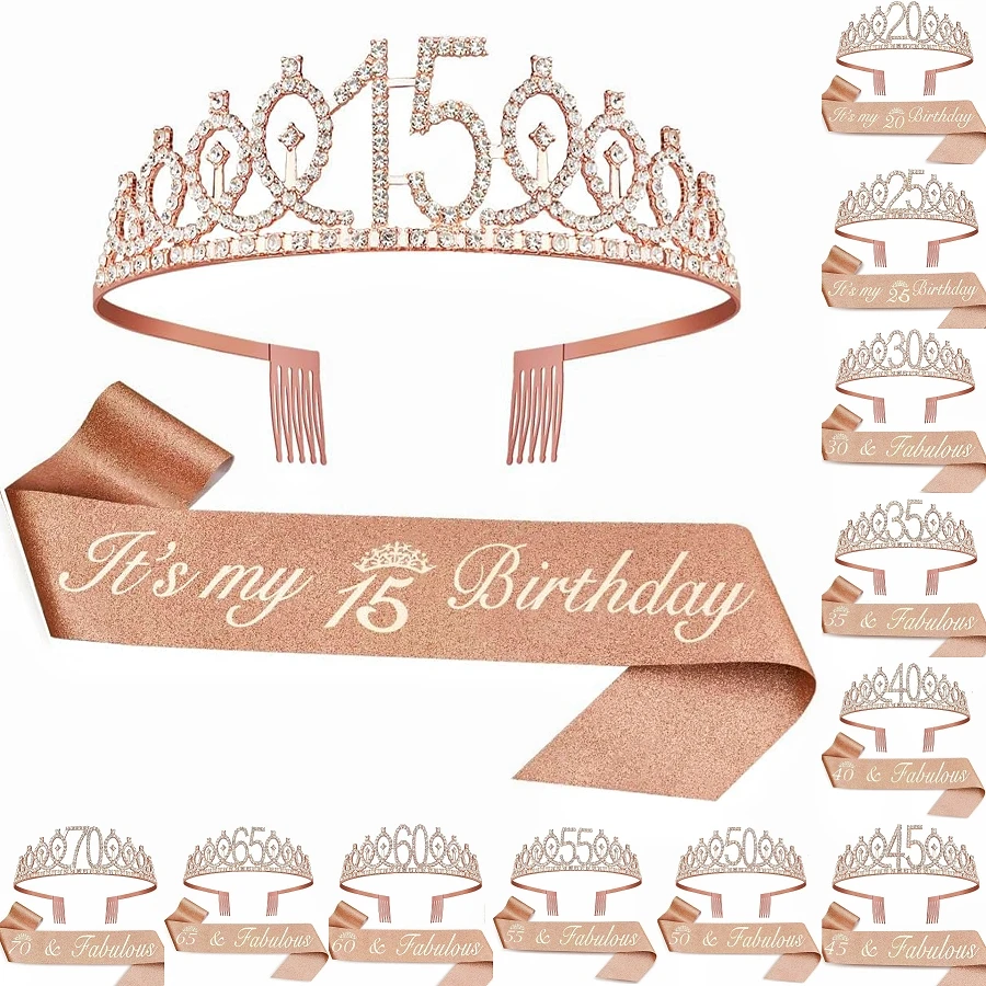 Birthday Tiara Crown Sash Women Girls 15th 20th 25th 30th 35th 40th 45th 50th 55th 60th 65th 70th Party Decoration Favor Gifts