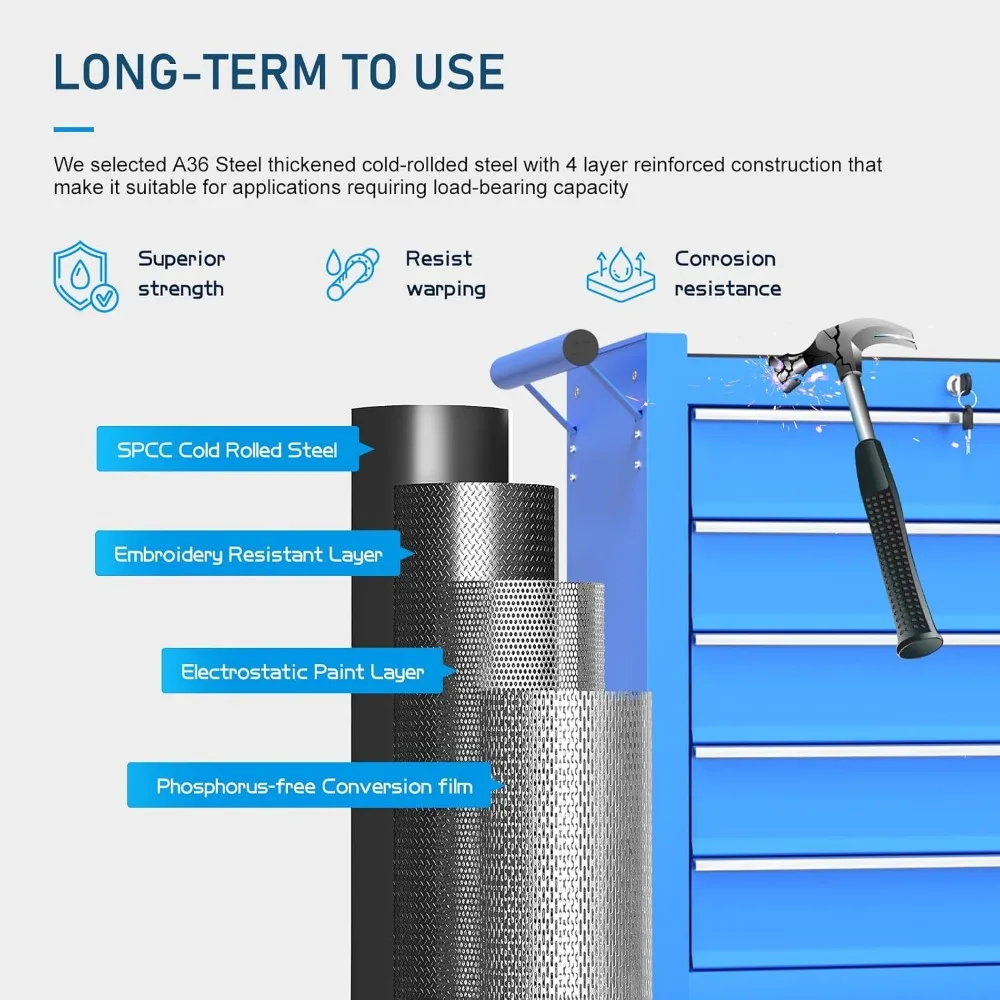 5段引き出し付きヘビーデューティーローリングツールチェスト、大容量収納、作業場用メカニックロック式メタルツールキャビネット