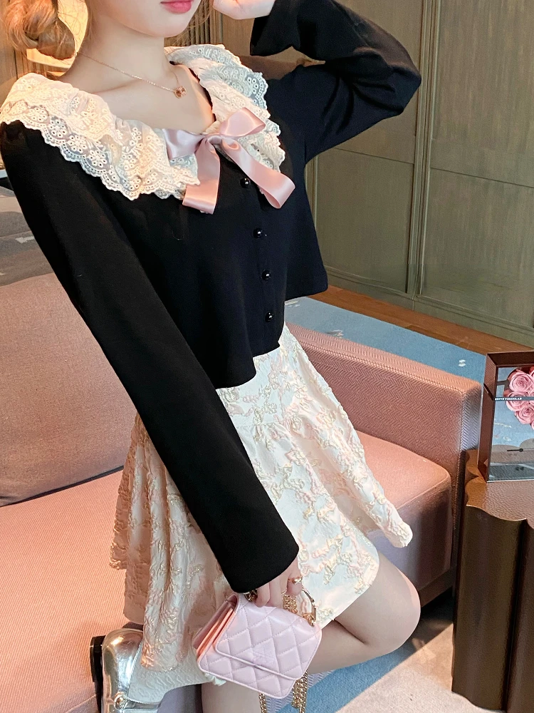 Autumn Kawaii Lolita Knitted Cardigan Women Lace Black Korean Sweet Cute Sweater Female Bow Japanese Elegant Sweater Tops 2022