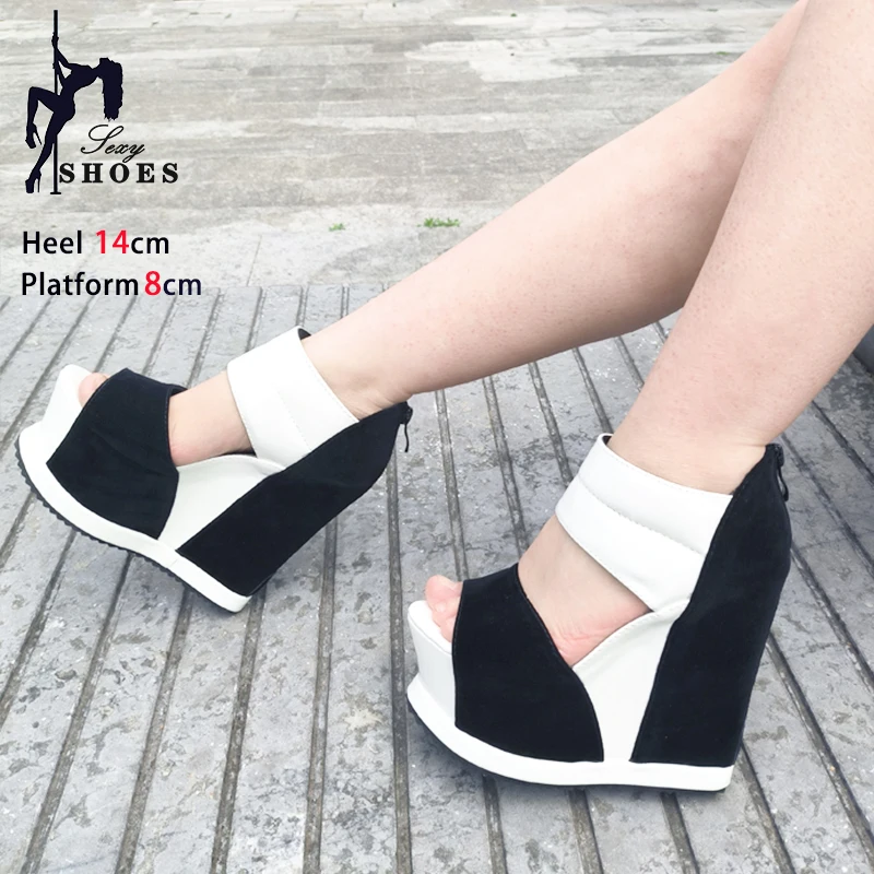 Comfortable Wedges Women Sandals Black White Color Casual High Heels Summer New 14CM Breathable Sandals Sexy Model Catwalk Shoes