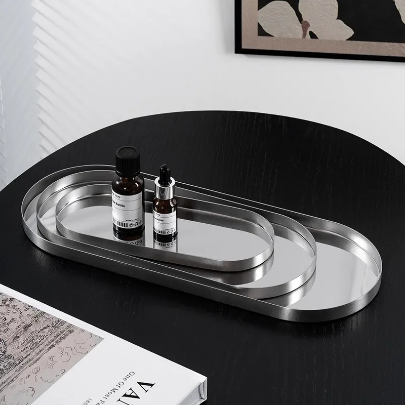 Light Luxury Stainless Steel Storage Tray Desktop Jewelry Display Trays Oval Silver Color Metal Tray Ornament Home Decoration