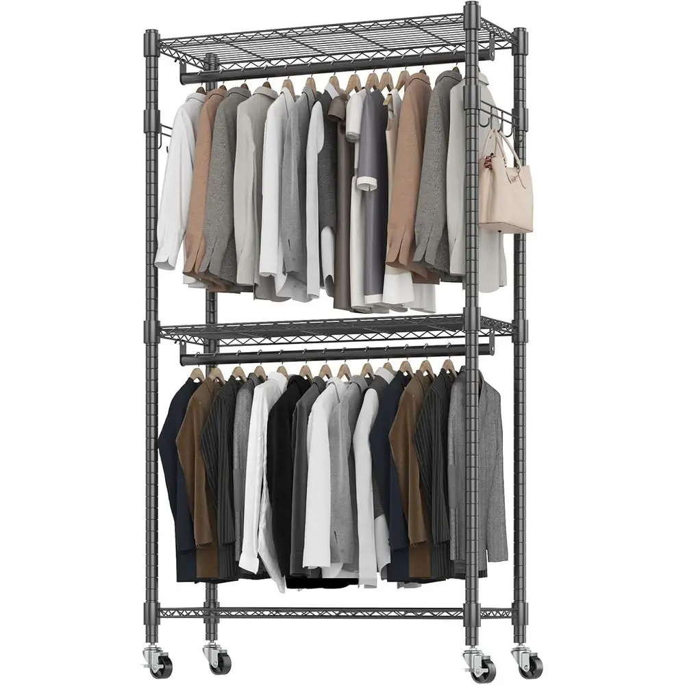 

Sturdy Rolling Clothes Rack with 2 Rods, Shelves, and Wheels for Home or Laundry Room