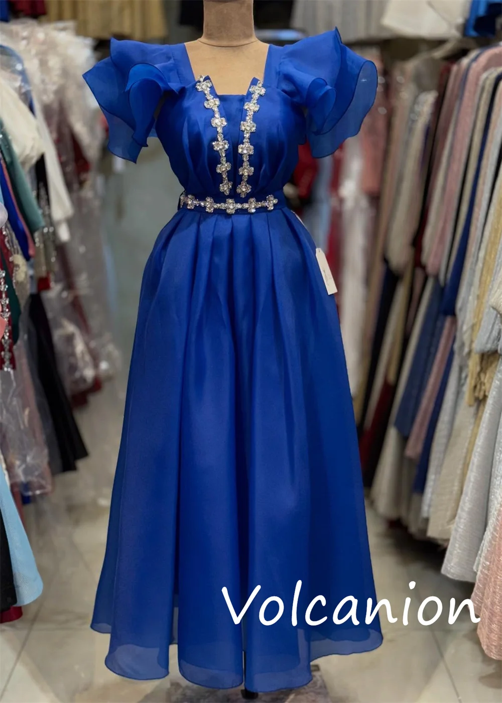 Customized Chinese Style Organza Sequined Pleat A-line Square Neck Midi Dresses Bespoke Occasion Simple