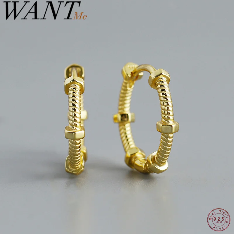 WANTME 925 Sterling Silver Statement Gold Screw Huggies Ear Buckle for Women Fashion Punk Minimalist Hoop Earrings Party Jewelry