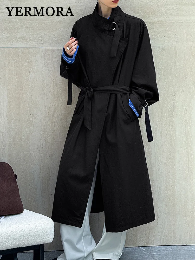 

YERMORA Black Irregular Belt Brief Trench Women Stand Collar Long Sleeve Loose New Windbreaker Fashion Tide Spring Autumn 2025